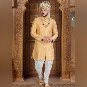 XL Peach Cream Gold Sherwani & Chundar